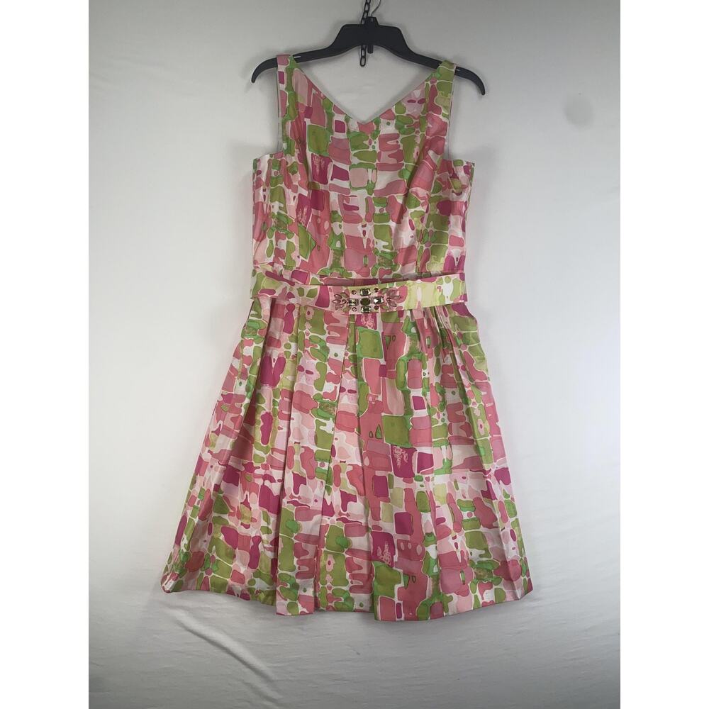 Kay Unger New York Dress Womens 12 Pink Multi Silk Fit Flare Belted Cocktail